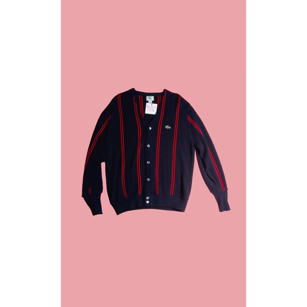1980s. IZOD LACOSTE. Black & Red STRIPED. Button Up Long Sleeve Cardigan. Medium